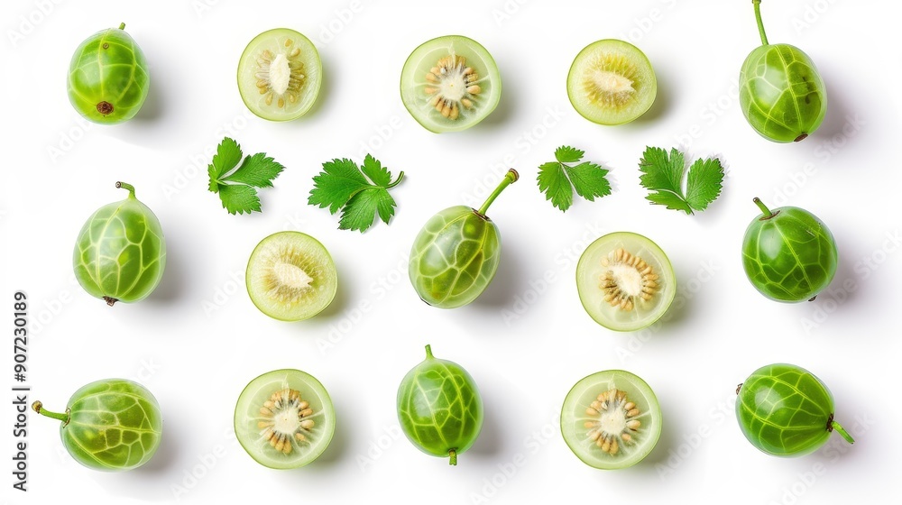 A collection of gooseberries in various cuts, from whole to thin slices, displayed neatly. The white background highlights the fruit's natural beauty A collection of gooseberries in various cuts, from whole to thin slices, displayed neatly. The white background highlights the fruit's natural beauty