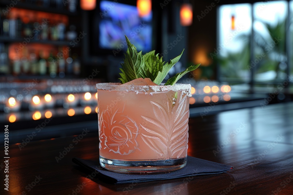 A Pink Cocktail with a Salt Rim and a Garnish of Green Leaves A Pink Cocktail with a Salt Rim and a Garnish of Green Leaves