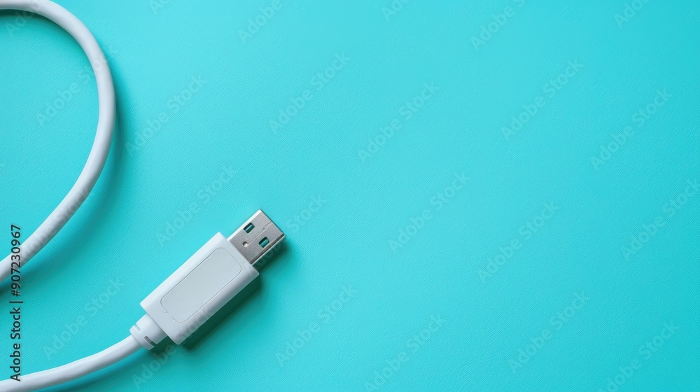 USB Cable Closeup on Turquoise Background with Space for Text USB Cable Closeup on Turquoise Background with Space for Text