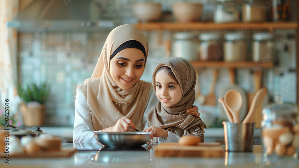 A mother and her child cook together in the kitchen A mother and her child cook together in the kitchen