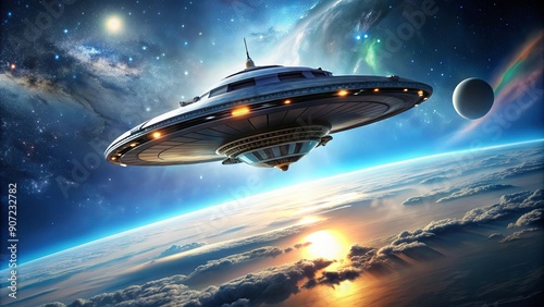 Futuristic concept of an alien spacecraft flying through space, Alien, spacecraft, extraterrestrial, technology