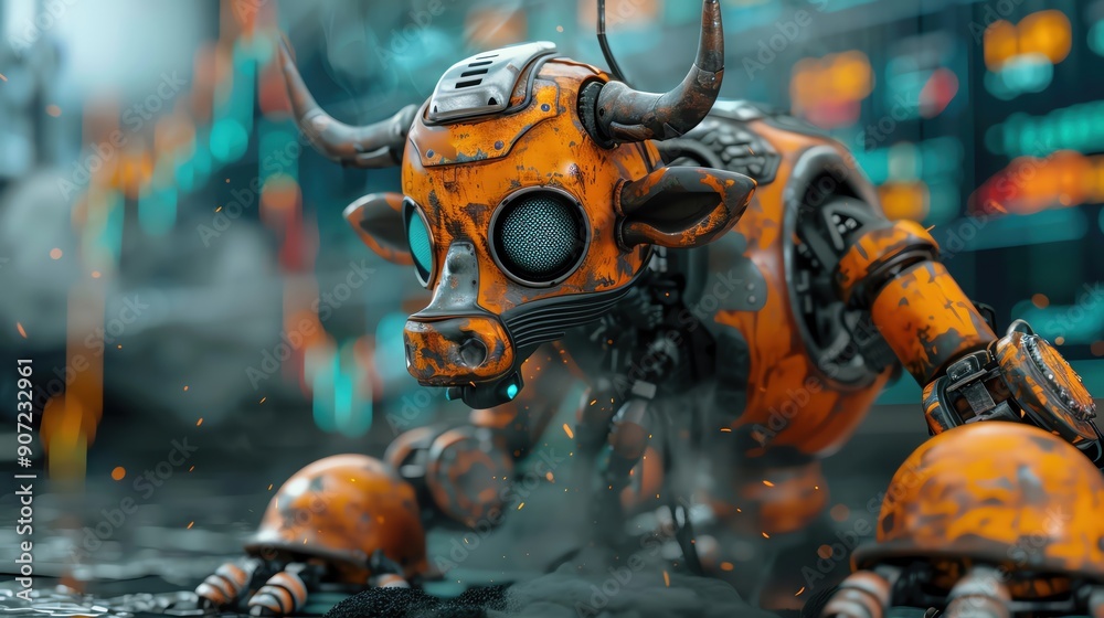 An old AI robot with a bull head and black smoke on The floor was full of bad engine oil An old AI robot with a bull head and black smoke on The floor was full of bad engine oil
