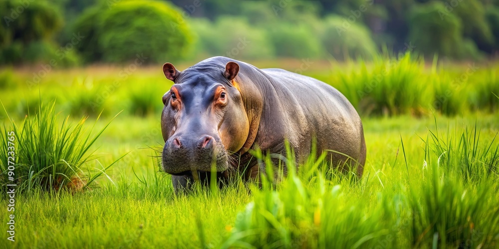 Fototapeta premium Hippopotamus blending in with green grass in natural habitat , Hippo, Grass, Wildlife, Safari, Animal, Nature, Water, Mammal, Huge