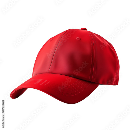 A bright red cap with a curved brim, isolated on a white background, showcasing its simple yet stylish design. photo