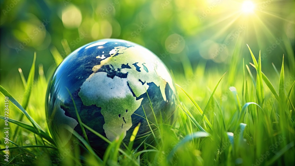 Globe earth nestled in lush green grass symbolizing environmental protection and ecology, Earth, globe, grass Globe earth nestled in lush green grass symbolizing environmental protection and ecology, Earth, globe, grass