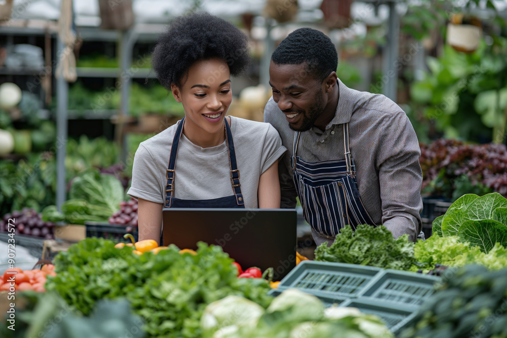 Smiling African American business partners working on a laptop at their market stall filled with fresh vegetables Smiling African American business partners working on a laptop at their market stall filled with fresh vegetables
