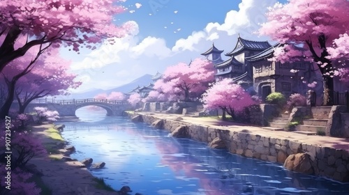 Serene anime landscape with cherry blossoms in full bloom by a tranquil river