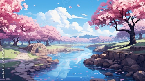 Serene anime landscape with cherry blossoms in full bloom by a tranquil river