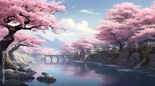 Serene anime landscape with cherry blossoms in full bloom by a tranquil river