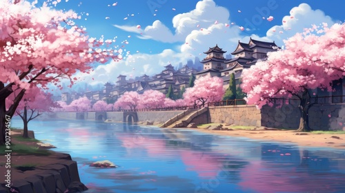 Serene anime landscape with cherry blossoms in full bloom by a tranquil river