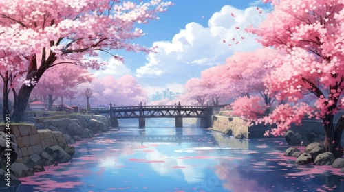 Serene anime landscape with cherry blossoms in full bloom by a tranquil river