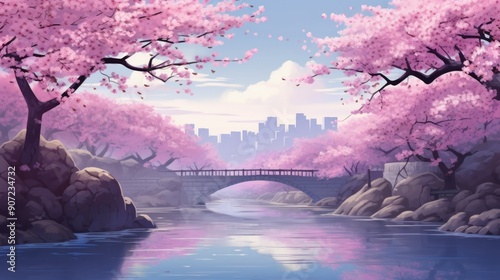 Serene anime landscape with cherry blossoms in full bloom by a tranquil river