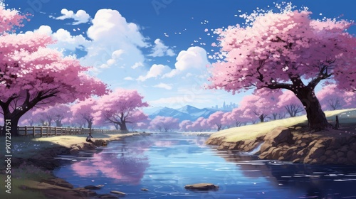 Serene anime landscape with cherry blossoms in full bloom by a tranquil river
