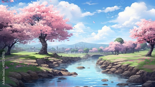 Serene anime landscape with cherry blossoms in full bloom by a tranquil river