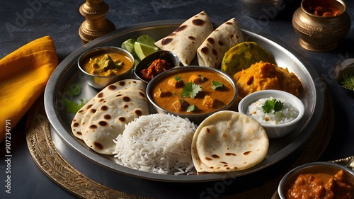 A traditional Indian thali meal, complete with various curries, roti, chapati, rice, and chutneys, arranged meticulously on a slate background.
 photo