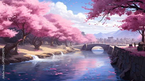 Serene anime landscape with cherry blossoms in full bloom by a tranquil river