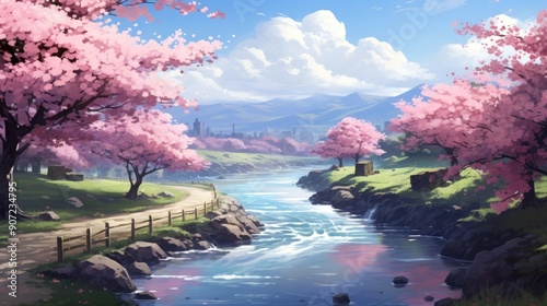 Serene anime landscape with cherry blossoms in full bloom by a tranquil river