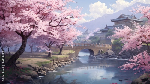Serene anime landscape with cherry blossoms in full bloom by a tranquil river