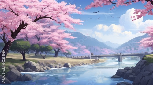 Serene anime landscape with cherry blossoms in full bloom by a tranquil river