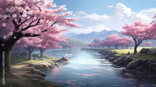 Serene anime landscape with cherry blossoms in full bloom by a tranquil river