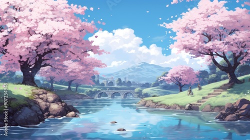 Serene anime landscape with cherry blossoms in full bloom by a tranquil river