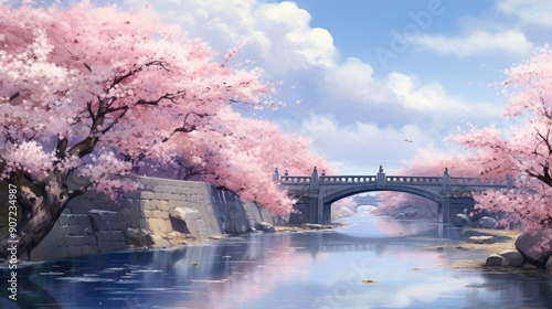 Serene anime landscape with cherry blossoms in full bloom by a tranquil river