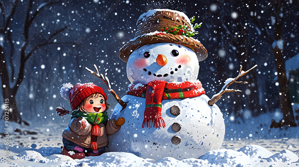 Fototapeta premium illustration of a child with a snowman, winter activities