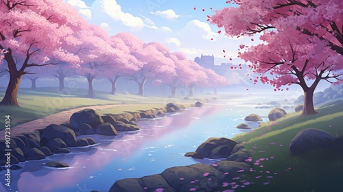 Serene anime landscape with cherry blossoms in full bloom by a tranquil river