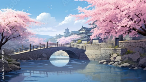 Serene anime landscape with cherry blossoms in full bloom by a tranquil river