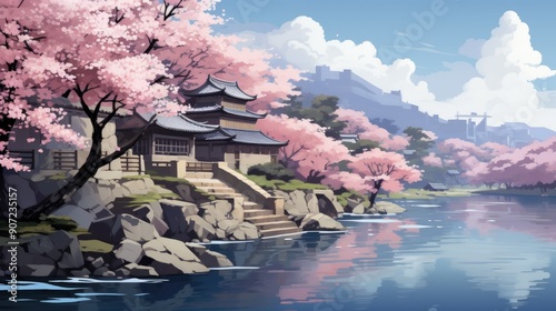Serene anime landscape with cherry blossoms in full bloom by a tranquil river