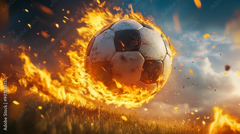 Fototapeta premium A soccer ball engulfed in flames floating in space