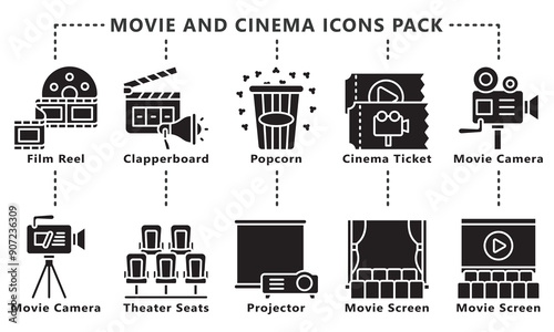 Movie and cinema glyph icon set, contain clapperboard, ticket, camera, theater seats and more. vector EPS 10. use for UI, UX movie and cinema theme, app and web development.