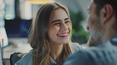 A young Caucasian woman laughs during a conversation with a man, her joyful expression radiating positivity.