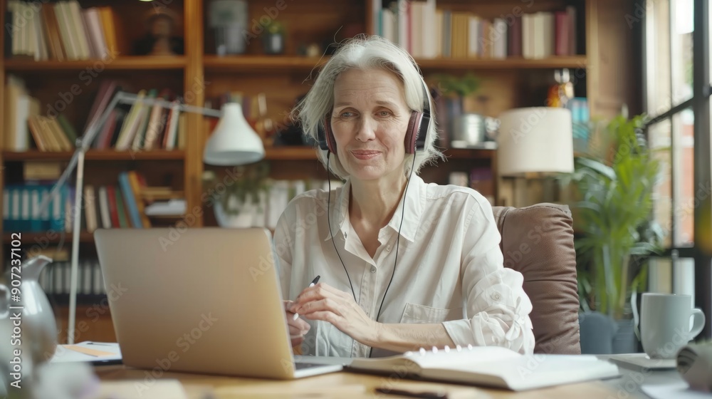 A mature Caucasian woman with a warm smile works from her home office, wearing headphones as she focuses on her laptop. A mature Caucasian woman with a warm smile works from her home office, wearing headphones as she focuses on her laptop.