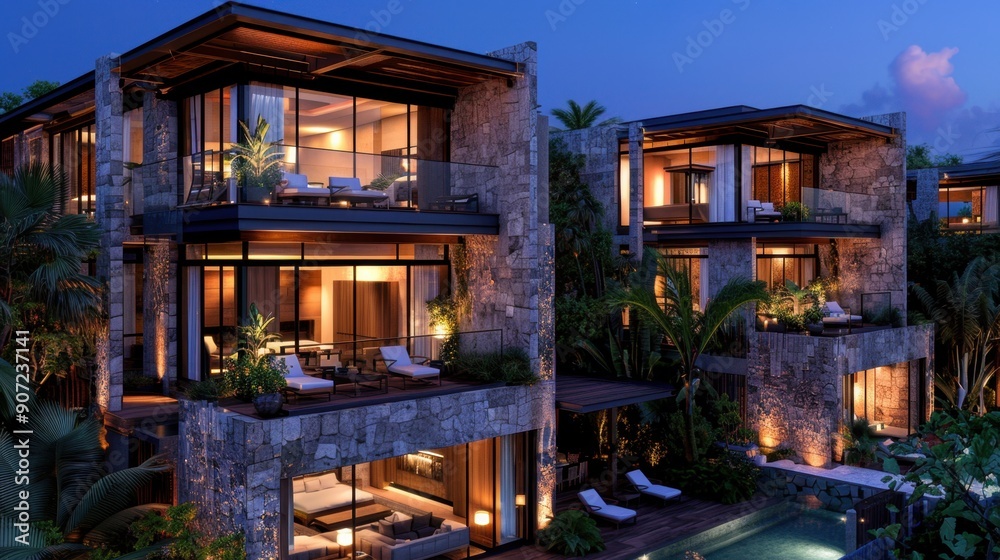 Luxurious modern villas with outdoor pools and lush surroundings by night, featuring elegant stone architecture and cozy lighting. Luxurious modern villas with outdoor pools and lush surroundings by night, featuring elegant stone architecture and cozy lighting.