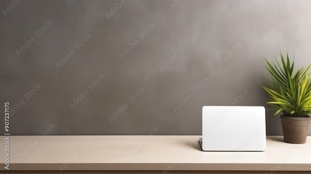 Sleek desk with a minimalist laptop and potted plant Sleek desk with a minimalist laptop and potted plant