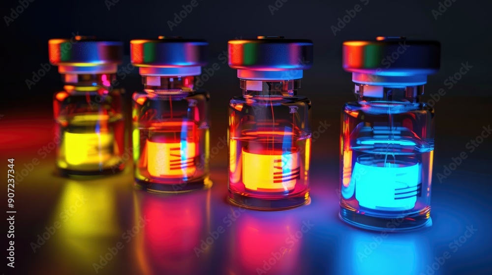 Four Glass Vials with Glowing Liquid Illuminated in Neon Colors Four Glass Vials with Glowing Liquid Illuminated in Neon Colors