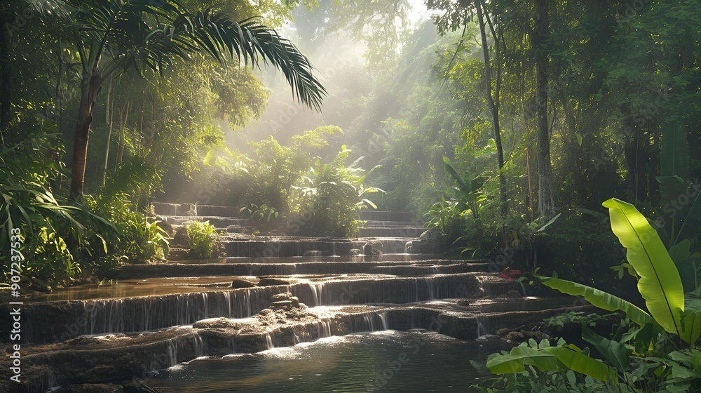 Serene morning mist dances on tranquil forest lake reflecting emerald trees Serene morning mist dances on tranquil forest lake reflecting emerald trees