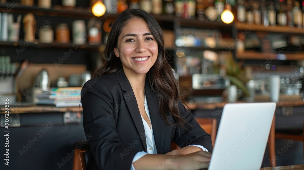 Fototapeta premium Smiling Hispanic businesswoman working on laptop in a cafe