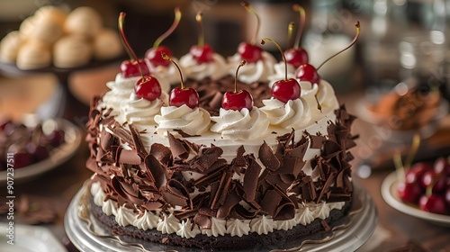 Decadent chocolate cake adorned with fresh cherries, a delightful sweet treat perfect for any occasion photo