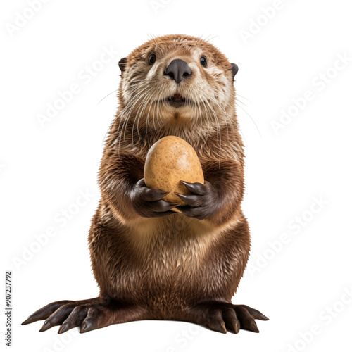 Cute Otter Holding Stone In Its Paws On Transparent Background