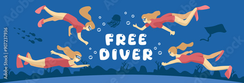 Scuba diver illustration. Free diving vector art. People diving collection. People snorkeling. Snorkeling with different poses. Diving with different poses.