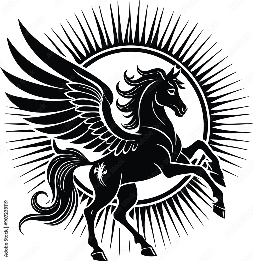 A stylized silhouette of a winged horse in a dynamic rearing pose A stylized silhouette of a winged horse in a dynamic rearing pose