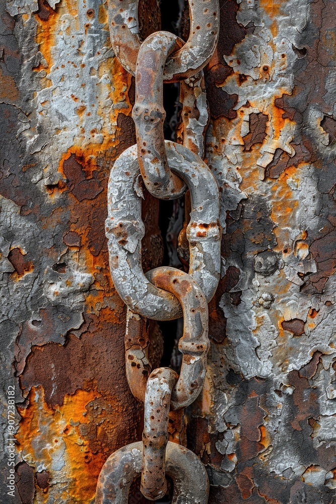 A rusted metal chain is attached to a rusted wall, with some details and corrosion visible A rusted metal chain is attached to a rusted wall, with some details and corrosion visible
