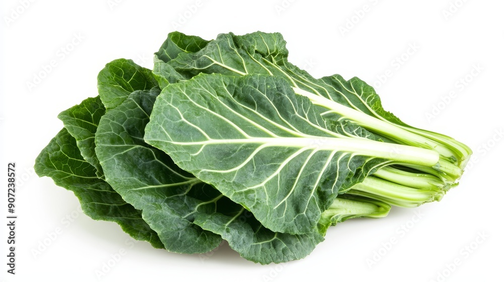 A bunch of collard greens, halved to display the detailed leaf veins and fresh green color. Isolated on a plain white background for clarity A bunch of collard greens, halved to display the detailed leaf veins and fresh green color. Isolated on a plain white background for clarity