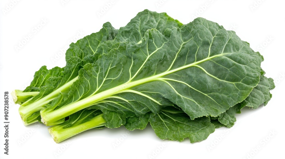 A bunch of collard greens, halved to display the detailed leaf veins and fresh green color. Isolated on a plain white background for clarity A bunch of collard greens, halved to display the detailed leaf veins and fresh green color. Isolated on a plain white background for clarity