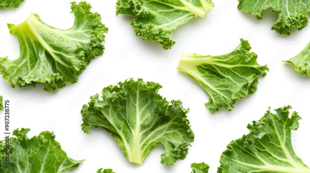 A close-up of kale slices, highlighting the frilled edges and moist freshness. The bright, leafy greens set against a white background A close-up of kale slices, highlighting the frilled edges and moist freshness. The bright, leafy greens set against a white background