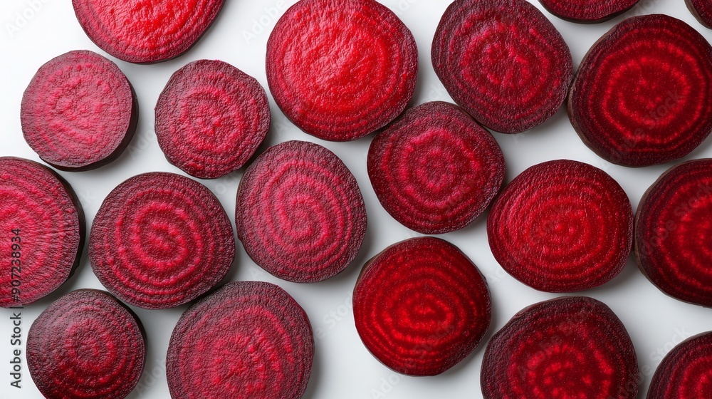 A collection of beetroot halves, highlighting the varied textures of the skin and flesh. The rich colors stand out crisply against white A collection of beetroot halves, highlighting the varied textures of the skin and flesh. The rich colors stand out crisply against white
