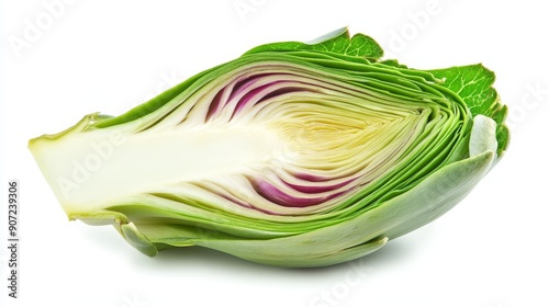 A cross-section of an artichoke, highlighting the inner choke and edible heart. The vibrant green and purple hues isolated on white