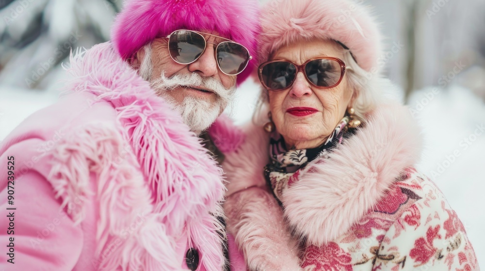 A couple dressed in matching pink fur coats, standing together A couple dressed in matching pink fur coats, standing together